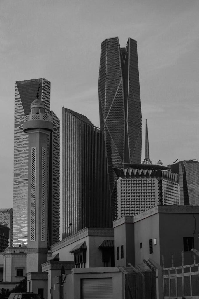 Black and white view of Riyadh's striking modern skyline with unique architecture.